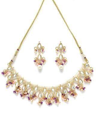 Karatcart Gold Plated Pink and Purple Crystal Kundan Necklace Set for Women - STORE